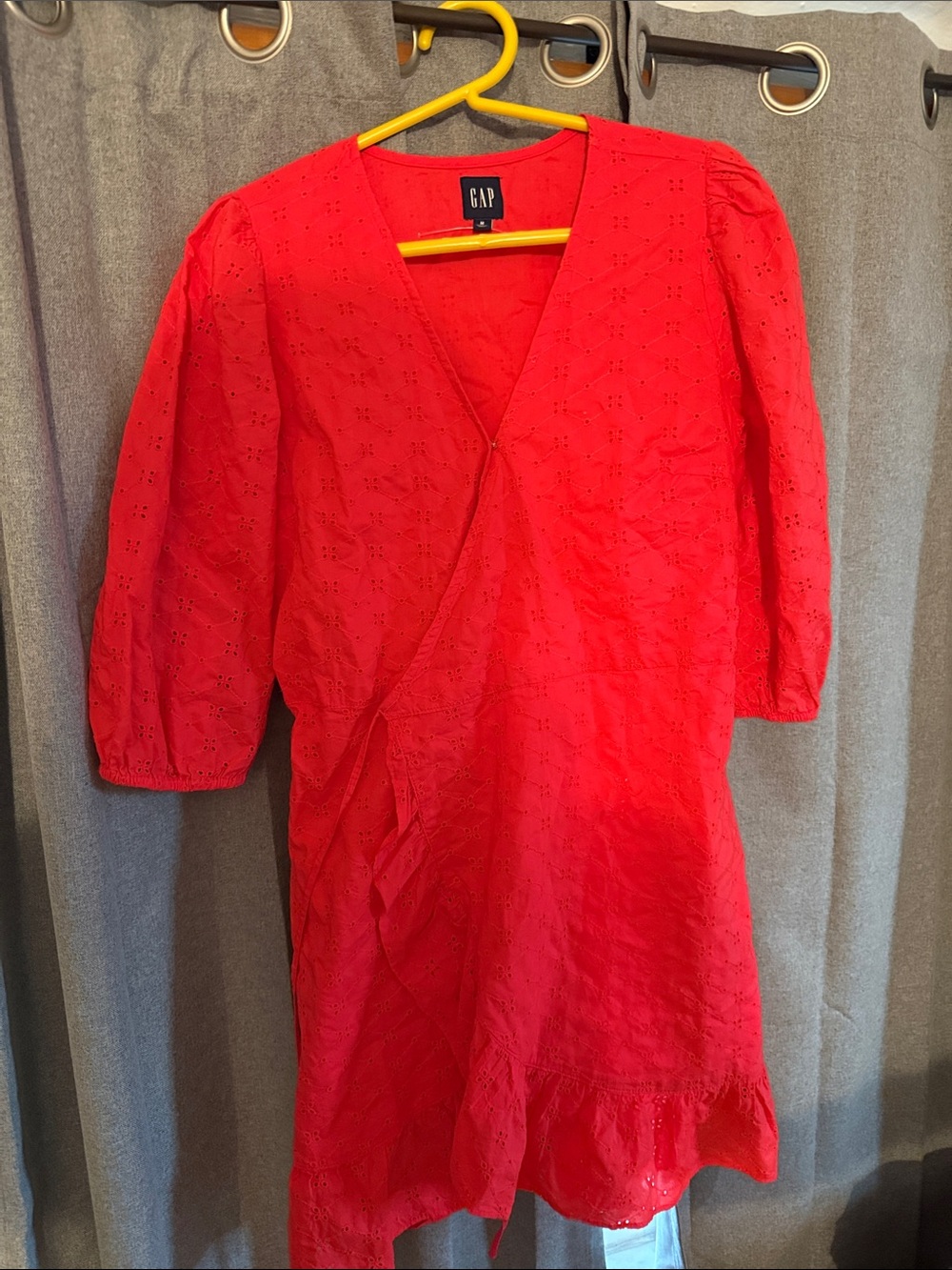 GAP Bright Red Eyelet Wrap Dress with Ruffle Hem